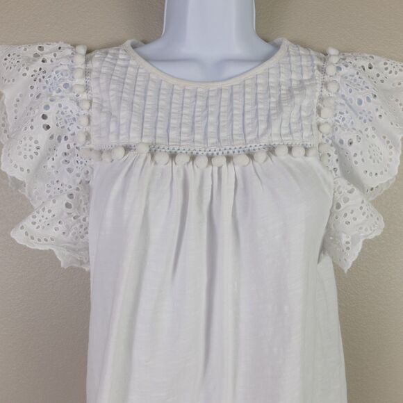 J Crew White Eyelet Flutter-Sleeve Pom-Pom Trim Top Size XXS - Picture 3 of 7
